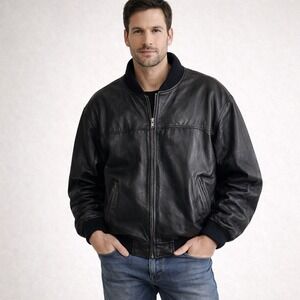 90s Tannery West Mens Black Leather Bomber Jacket L Zip Up Ribbed Cuffs Soft